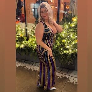 Elegant Sequin Maxi Dress in Purple, Gold, and Black